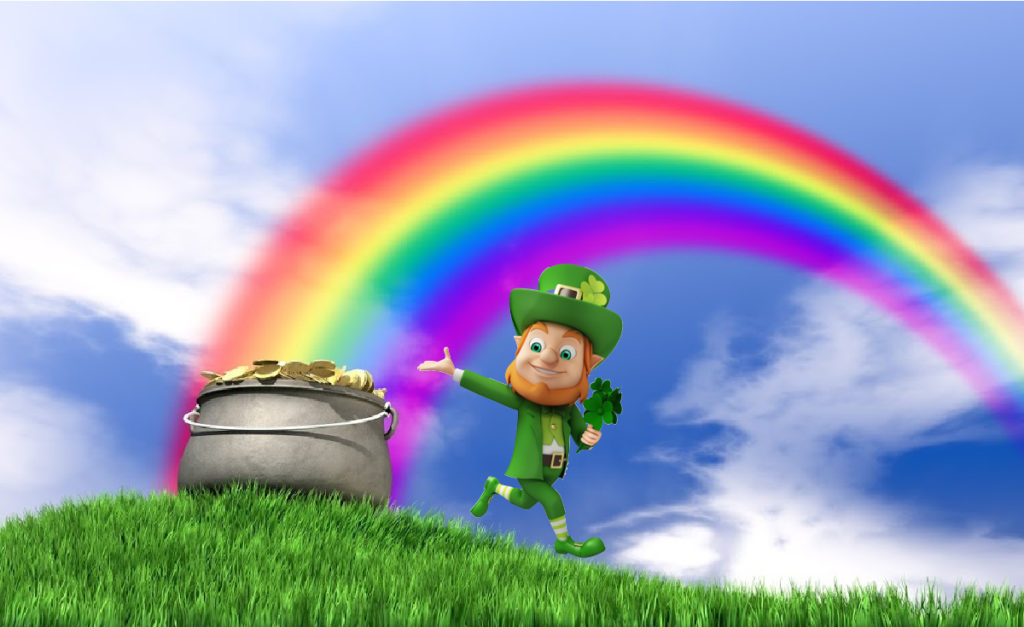 Cartoon image of a pot of gold and leprechaun at the end of a rainbow