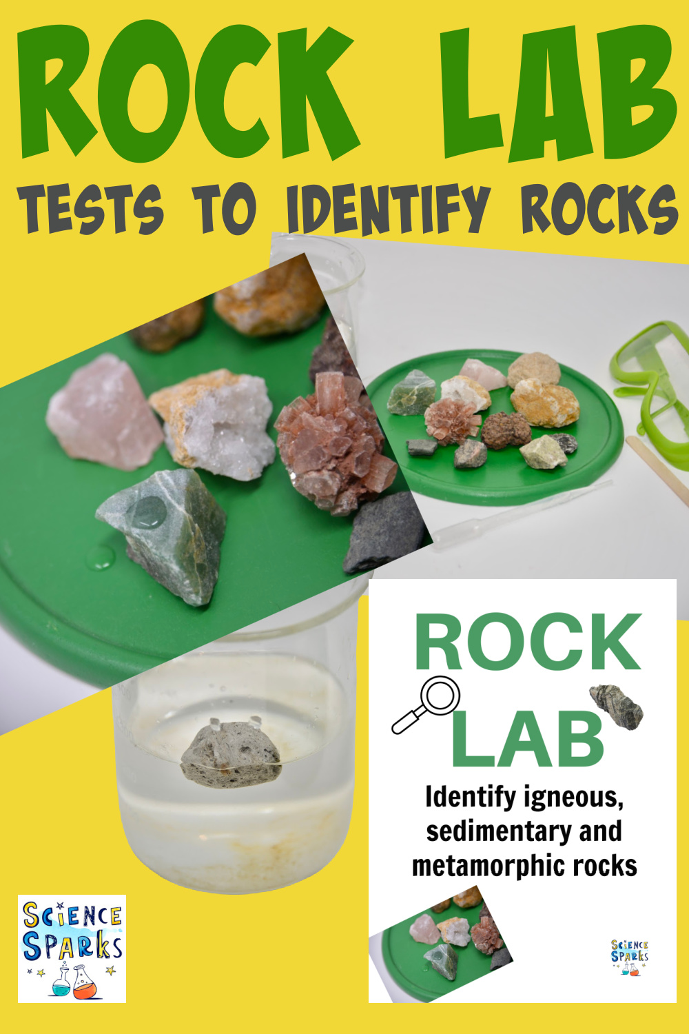 Collage of rocks and tests used to identify different types of rocks