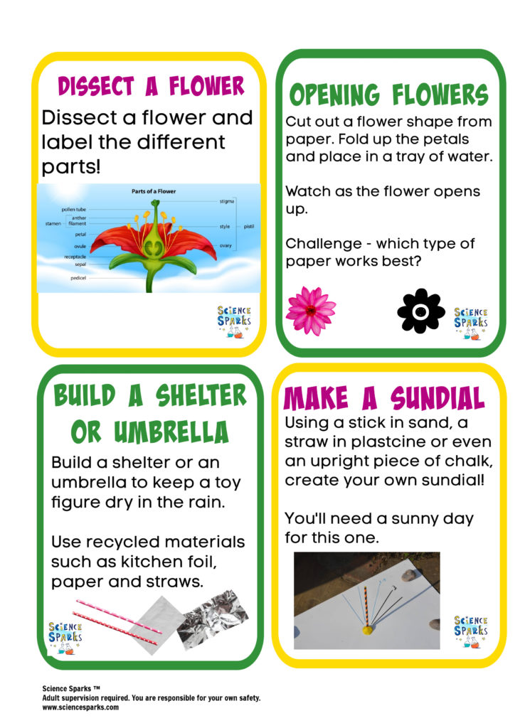 4 spring STEM Challenges on a sheet of A4 paper ready to be printed.