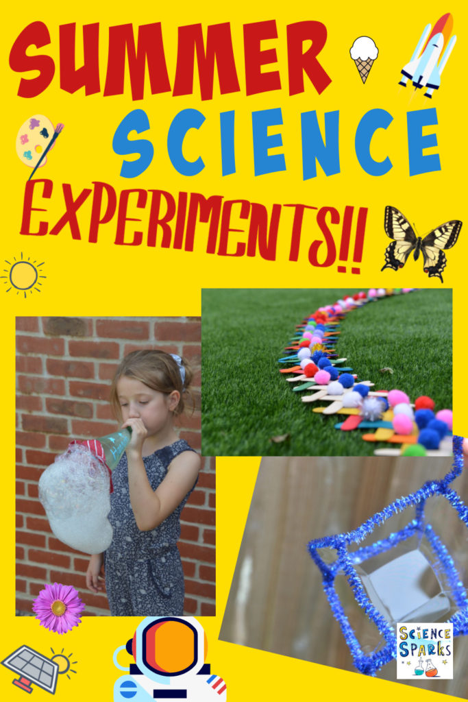 collage of a girl blowing down a bubble snake, a square bubble in a frame and a lolly stick chain reaction