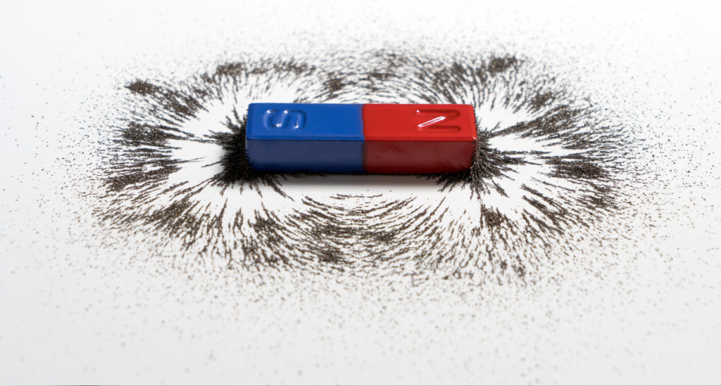 a magnet with iron filings around it showing the magnet field