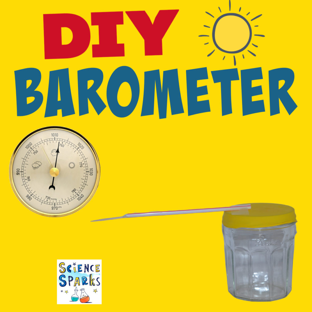 homemade barometer made with a glass jar, balloon, skewer and tape