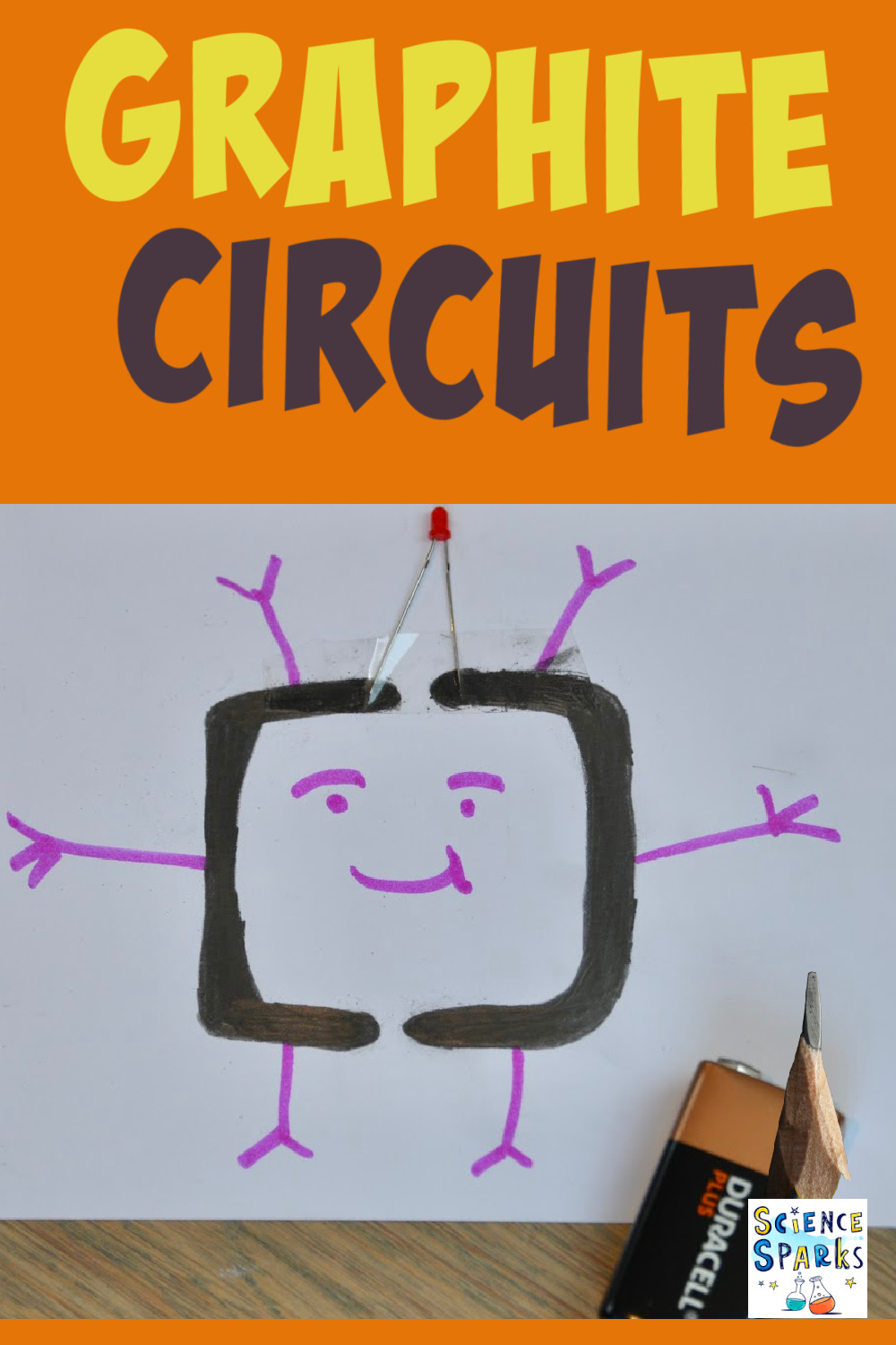 Circuit made using a graphite pencil, battery and LED