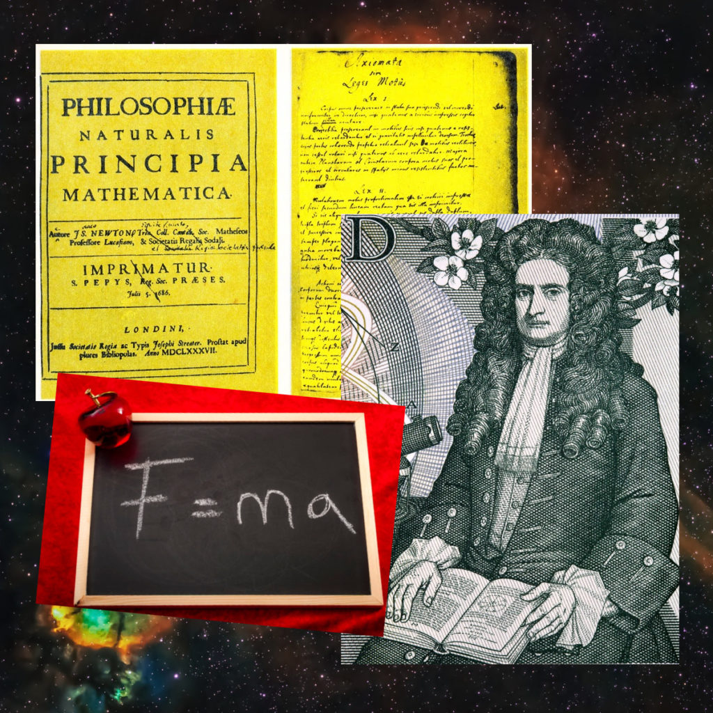 Image of Isaac Newton, Principia, and F=ma
