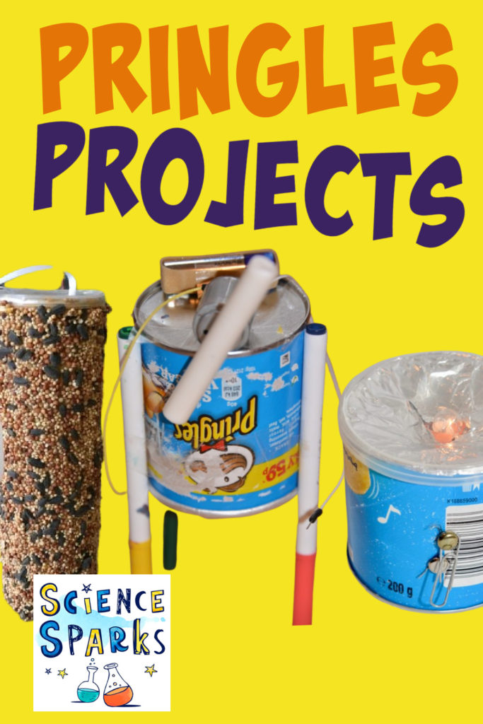 Image of 3 science projects made with a Pringles Can as the main part. A torch, bird feeder and drawing robot.