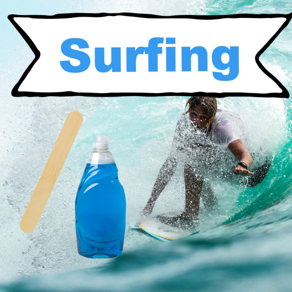 Image of a surfer, a lolly stick and washing up liquid ready for a surface tension science activity