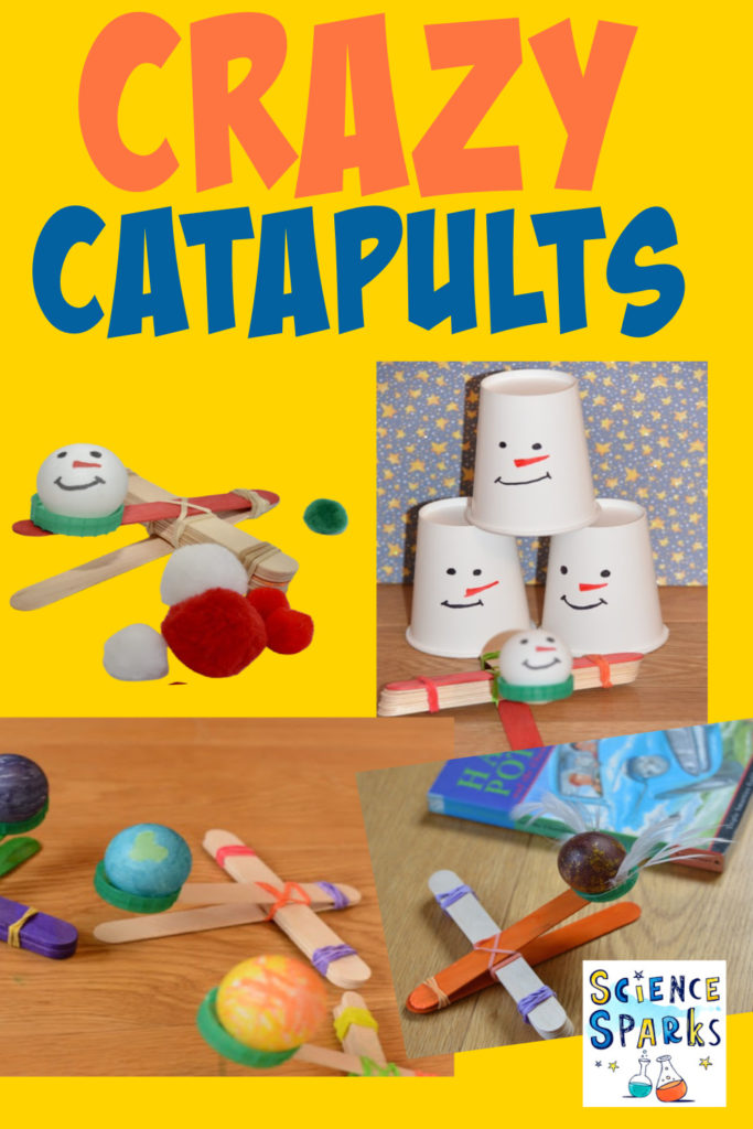 collage of different craft stick catapults or popsicle stick catapults for a STEM project or challenge