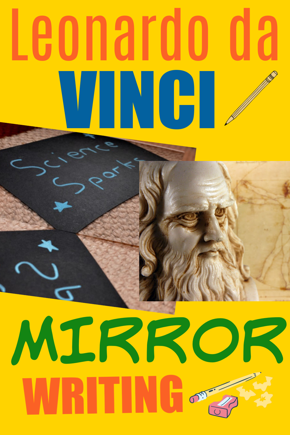 Leonardo da Vinci Mirror Writing. Image of Leonardo da Vinci and backwards writing using a mirror