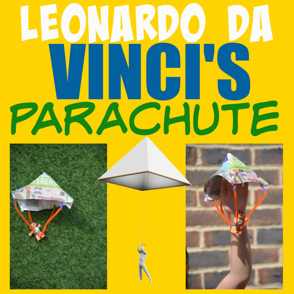 Image of Leonardo da Vinci's parachute design and mini versions made for a science experiment.