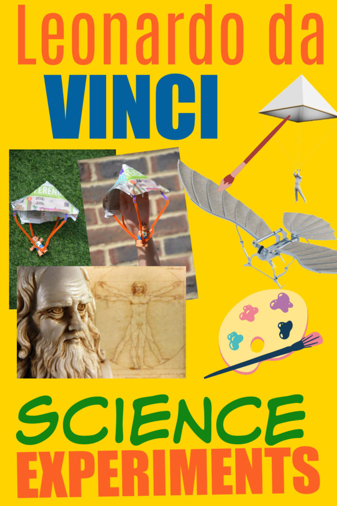 Image of Leonardo da Vinci, his parachute and an artists palette