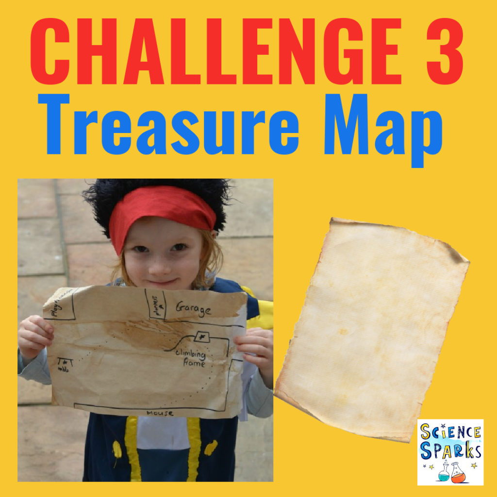 Image of a child dressed as a pirate holding a homemade treasure map.