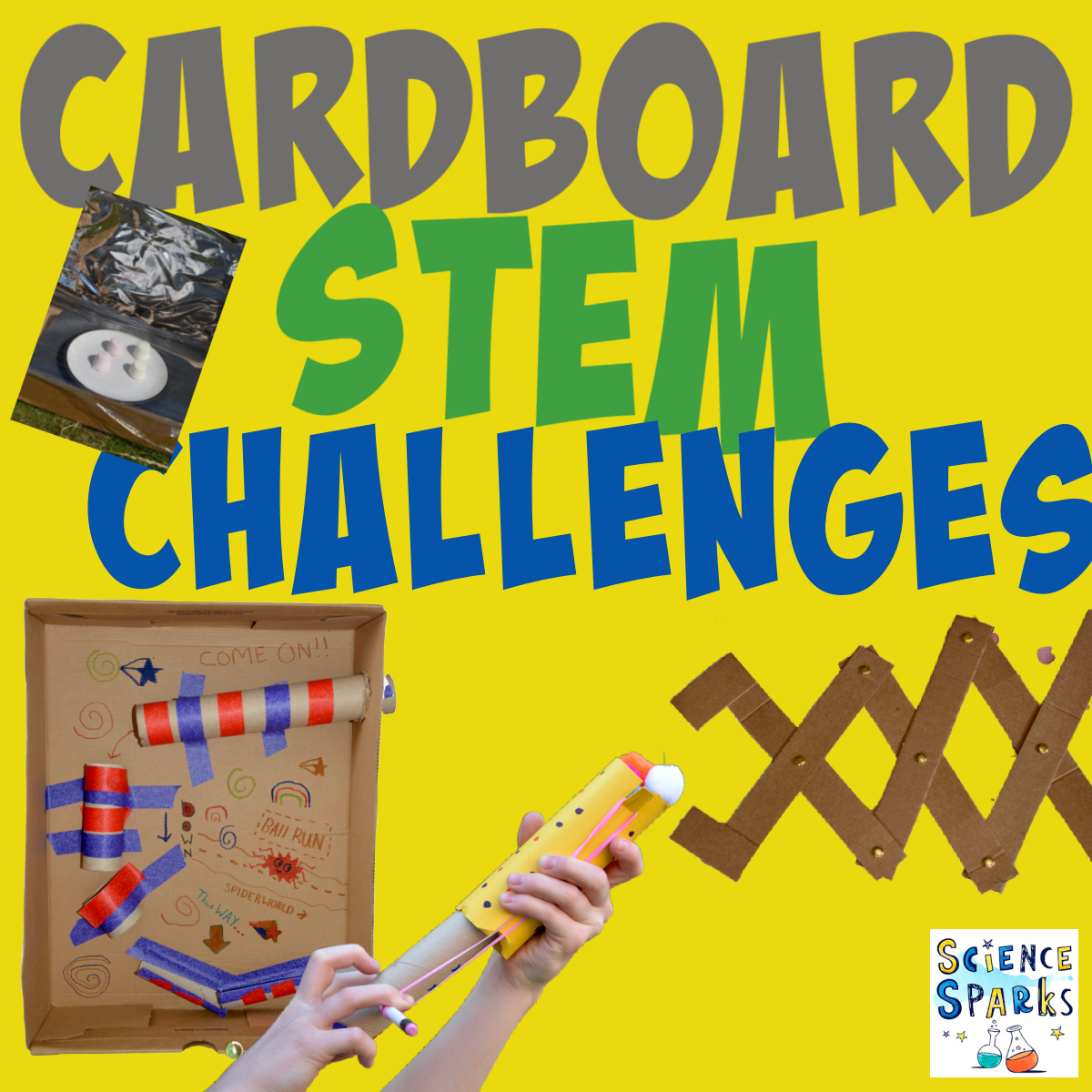 Collection of cardboard STEM challenges, including a marble run, slingshot and articulated grabber