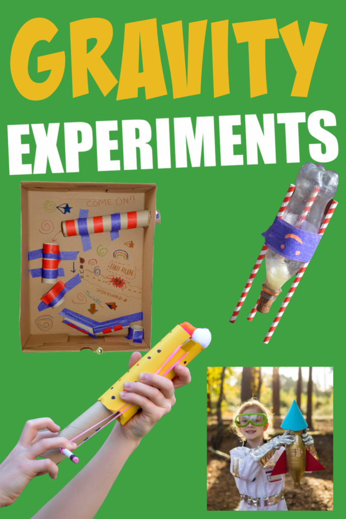 collection of gravity experiments including a slingshot, marble run, mini bottle rocket and water powered bottle rocket