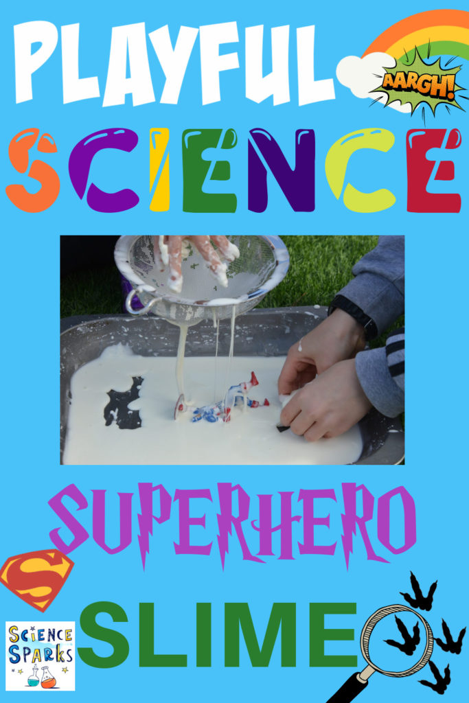 Image shows oobleck passing through a sieve as part of a superhero sensory activity for kids