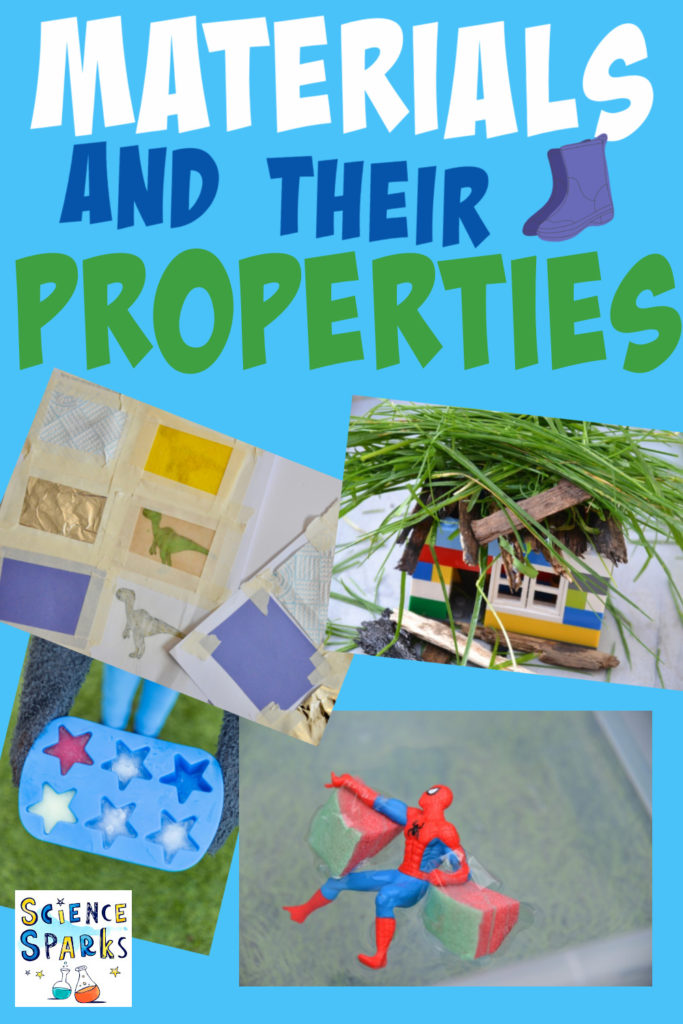 Collage of images for materials experiments for kids. Includes a LEGO house with a grass roof, ice cubes in a tray and dinosaur images on paper covered with different materials.