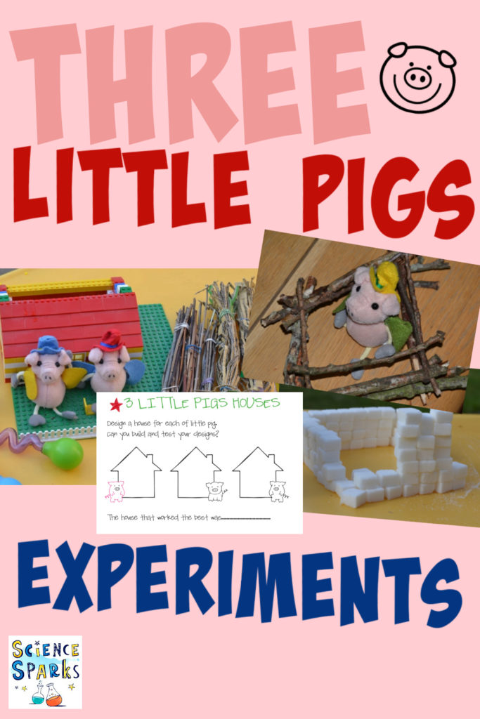 Collage of 3 little pig houses made from sticks, brick and sugar cubes.