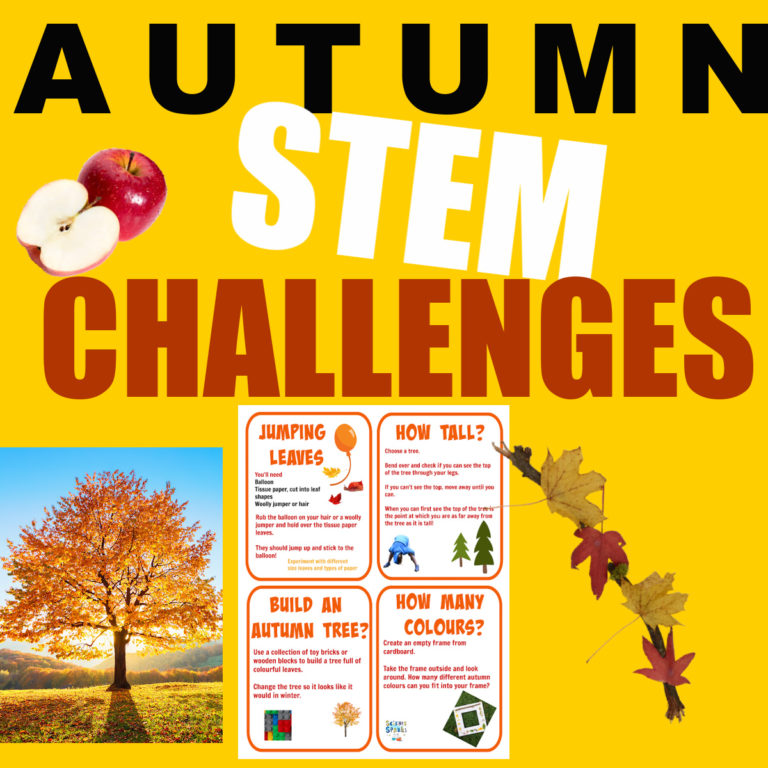 image of free printable autumn STEM challenges for kids.