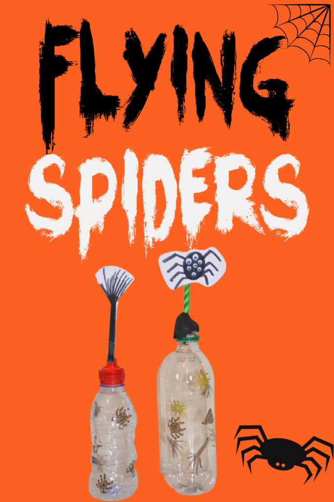 Image of two plastic bottles with cardboard spiders attached to straws on top for a Halloween and forces science experiment.