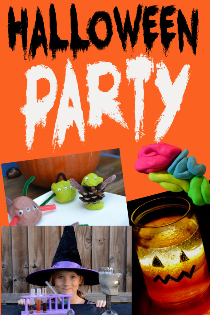 collage of easy ideas for a Halloween party, includes play dough monsters, a pumpkin lava lamp and a model brain!