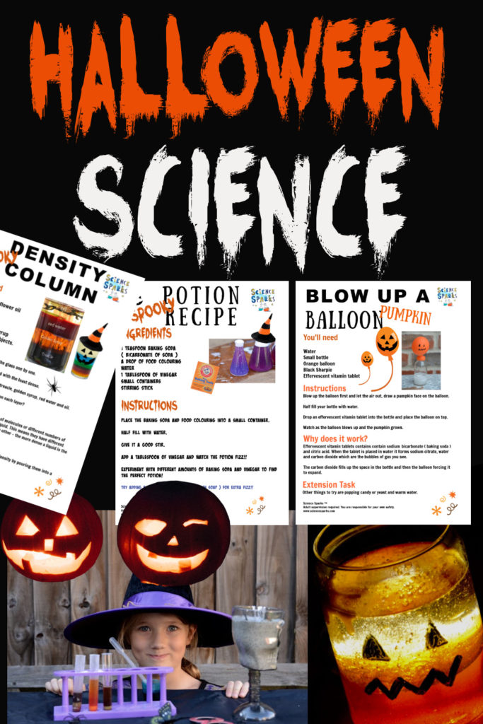 Collage of Halloween science printable experiments, a pumpkin lava lamp, lit pumpkins and lots more Halloween themed science experiments