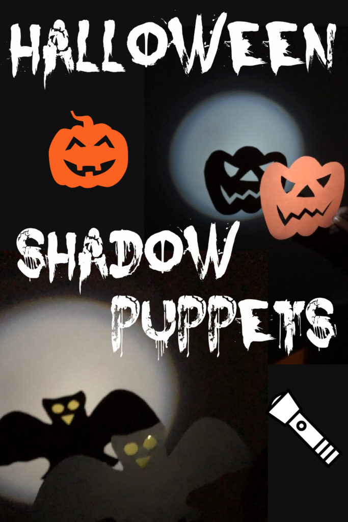 Image shows Halloween themed shadow puppets shaped like a pumpkin and a bat. The shadow is created by a torch shining behing them.