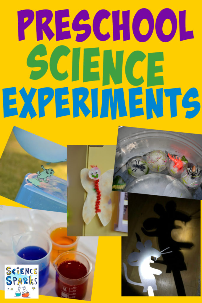 Collage of preschool science activity ideas, includes ice excavations, jumping frogs, shadow puppets and more.