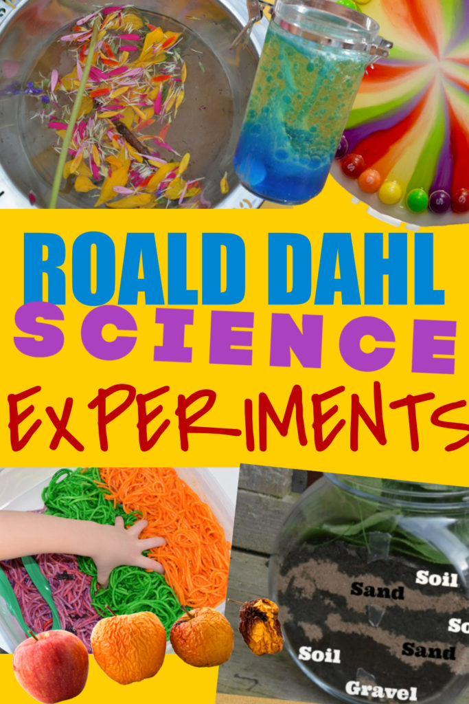 Collage of a potion, wormery, lava lamp, rotting apples and more ideas for Roald Dahl themed science experiments for kids