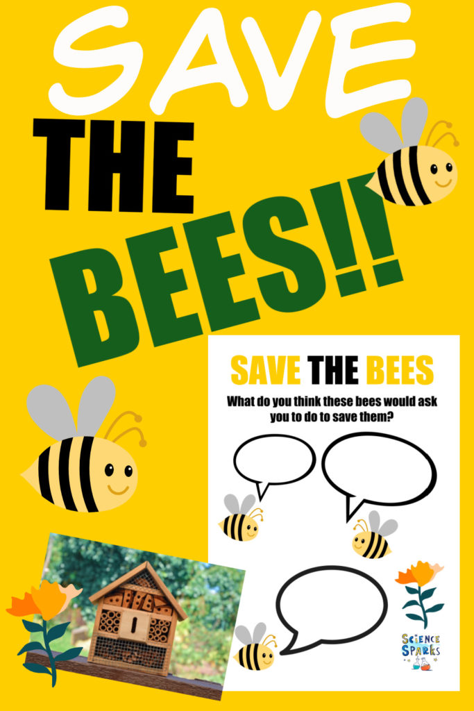 Image of a cartoon bee, a 'Save the Bees' worksheet and a bee/bug house for finding out why we need bees.