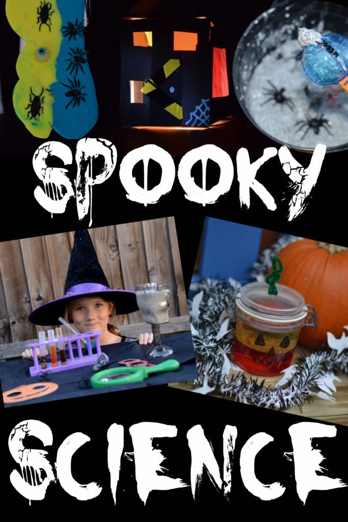 collage of slime, witchy potions and pumpkin lava lamps as part of a collection of great science experiments for Halloween