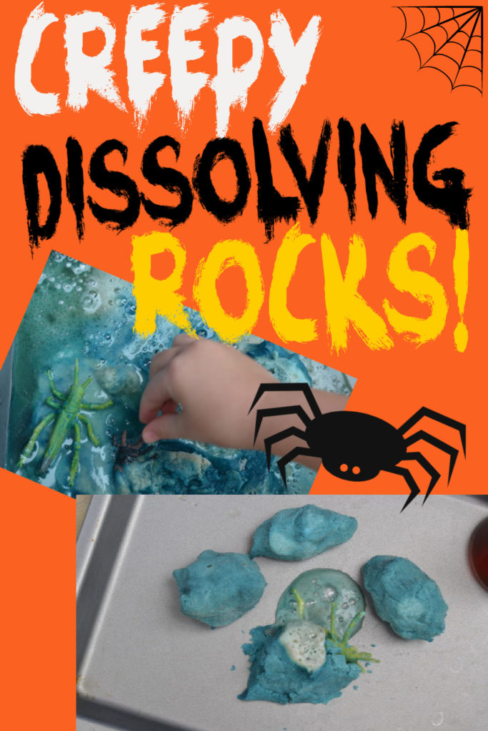 Image of coloured rocks made with baking soda and water with plastic bugs inside. rocks can be dissolved with vinegar.