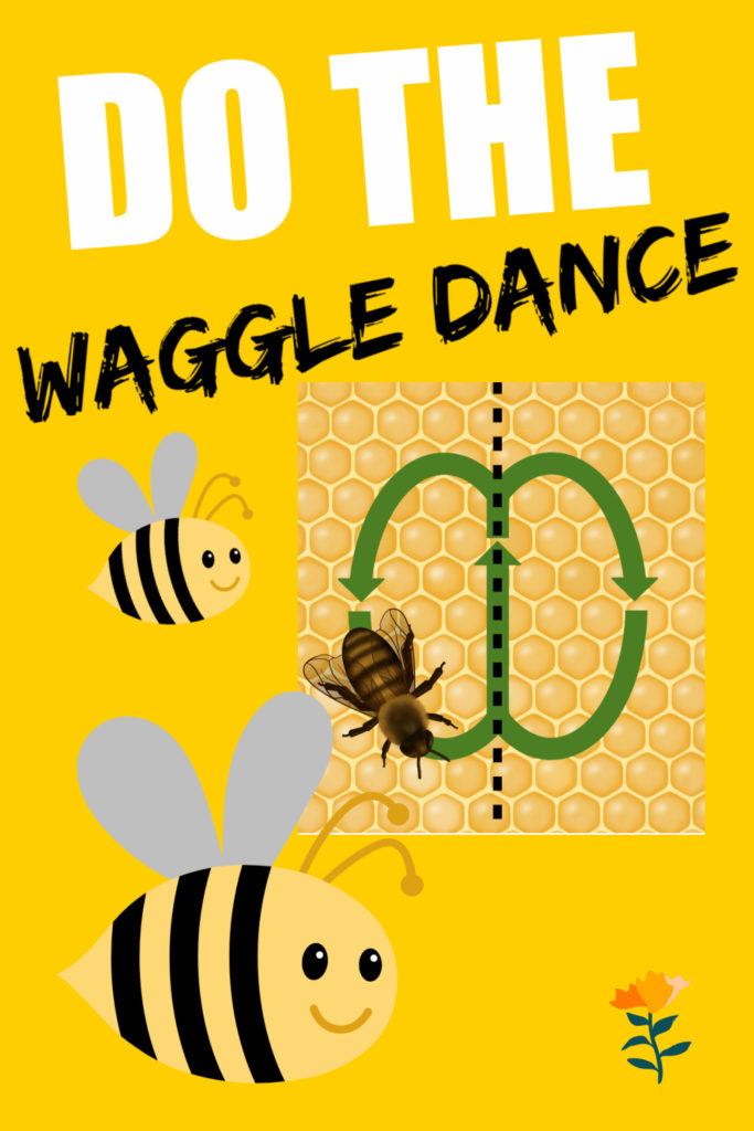 Cartoon of a bee doing a waggle dance as a bee themed science activity