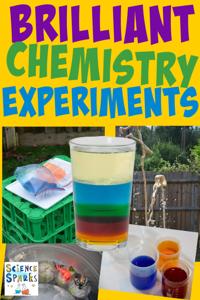 Collage of fun chemistry experiments for kids, includes a density jar, coke and mento eruption, exploding sandwich bags and ice excavations