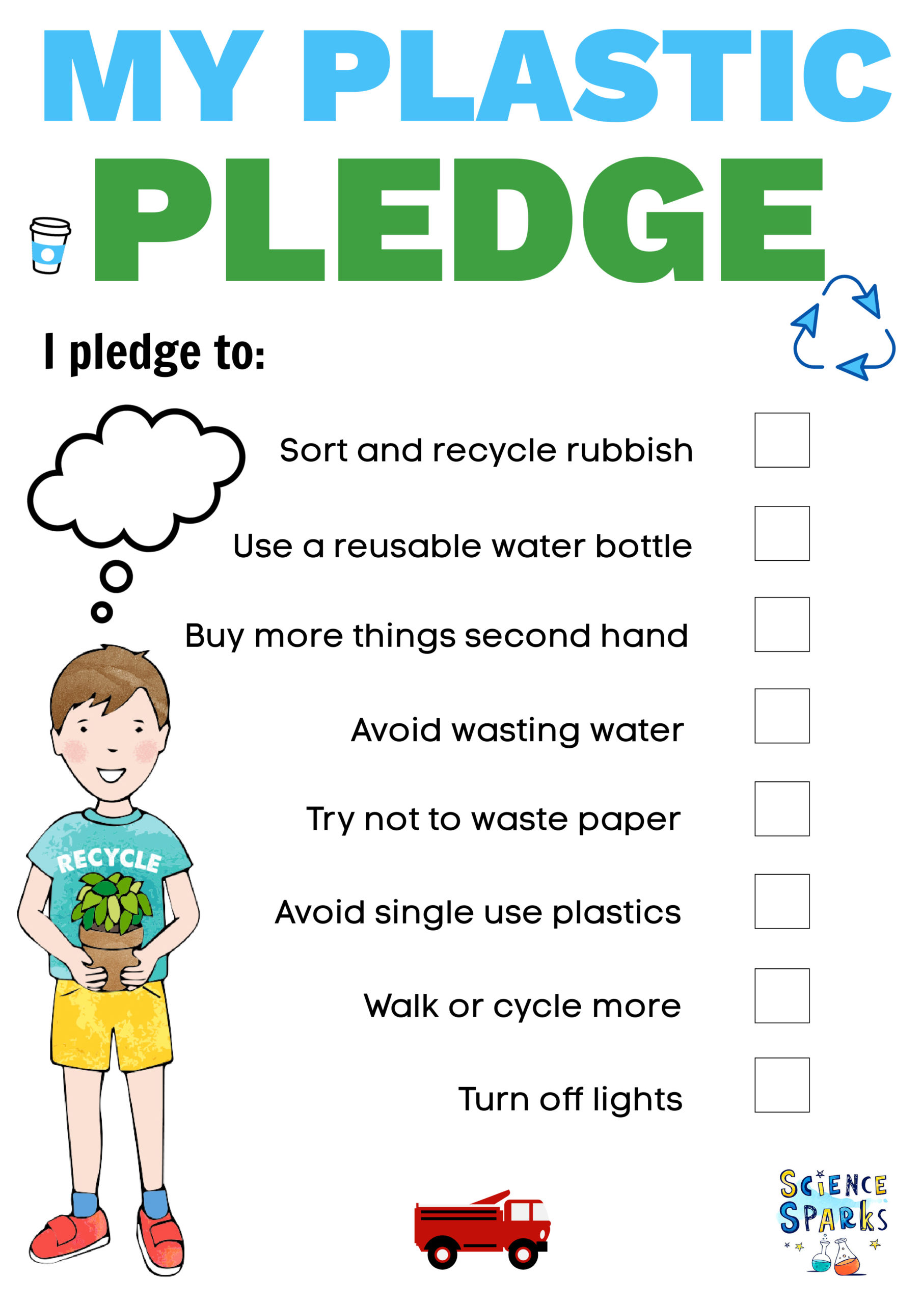 Plastic pledge list for children to print and complete.
