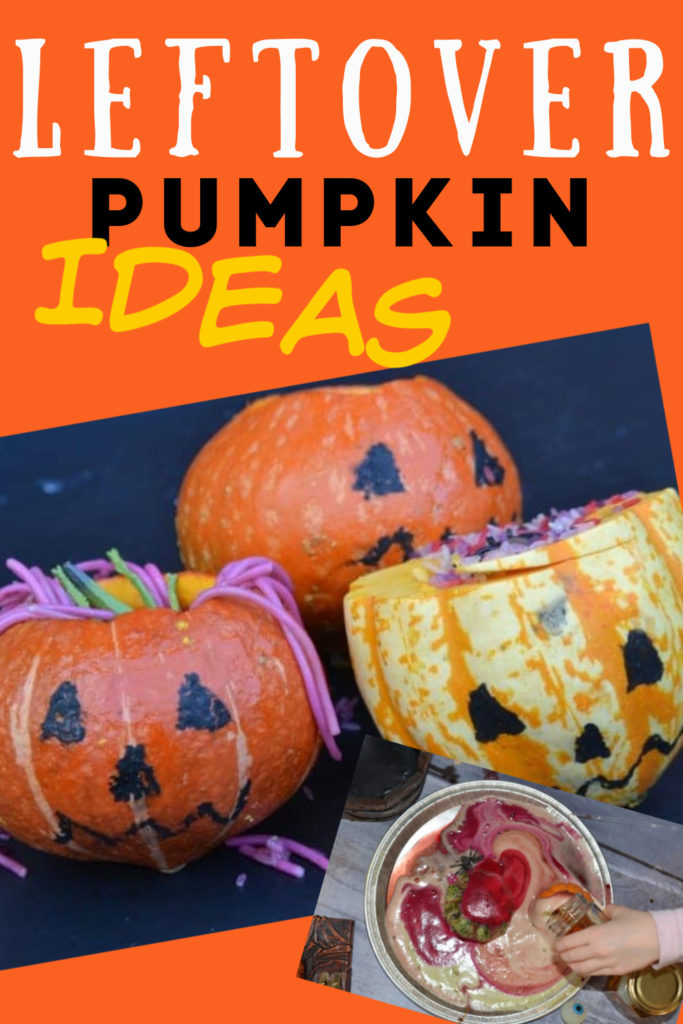 Image showing pumpkins filled with slimy spaghetti and a pumpkin baking soda and vinegar fizzy experiment