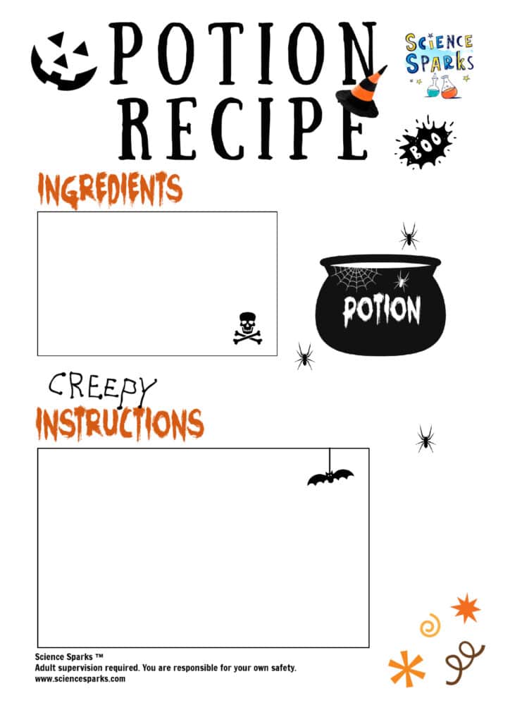 Plain spooky potion recipe download for Halloween. Recipe sheet includes blank boxes for children to complete the ingredients list and instructions