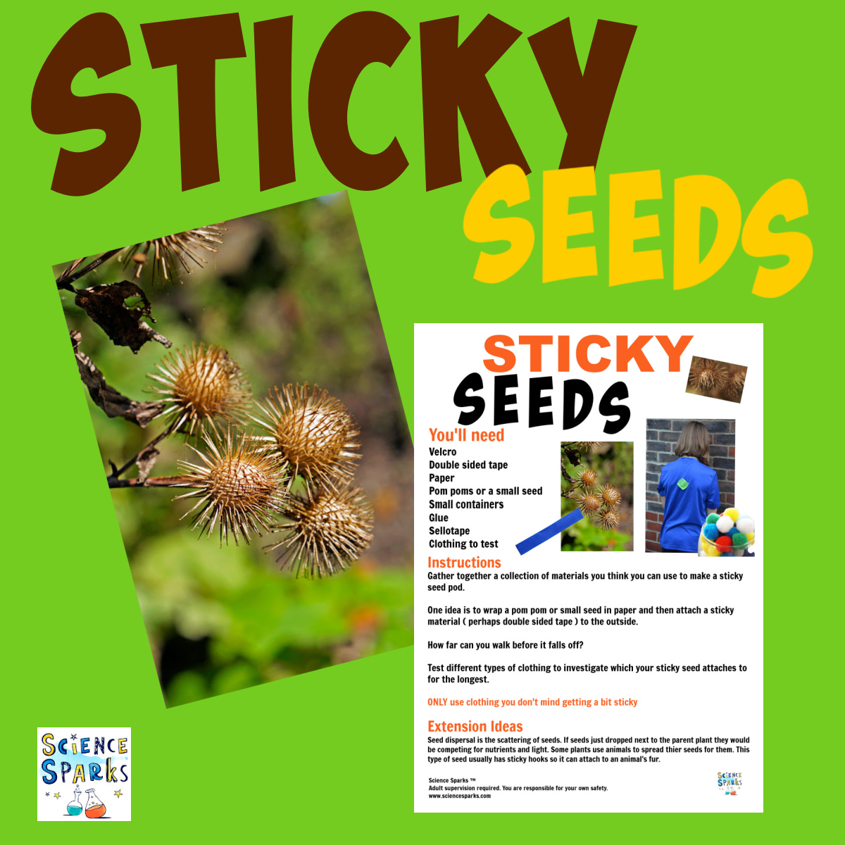 sticky seed science experiment instructions for learning about seed dispersal