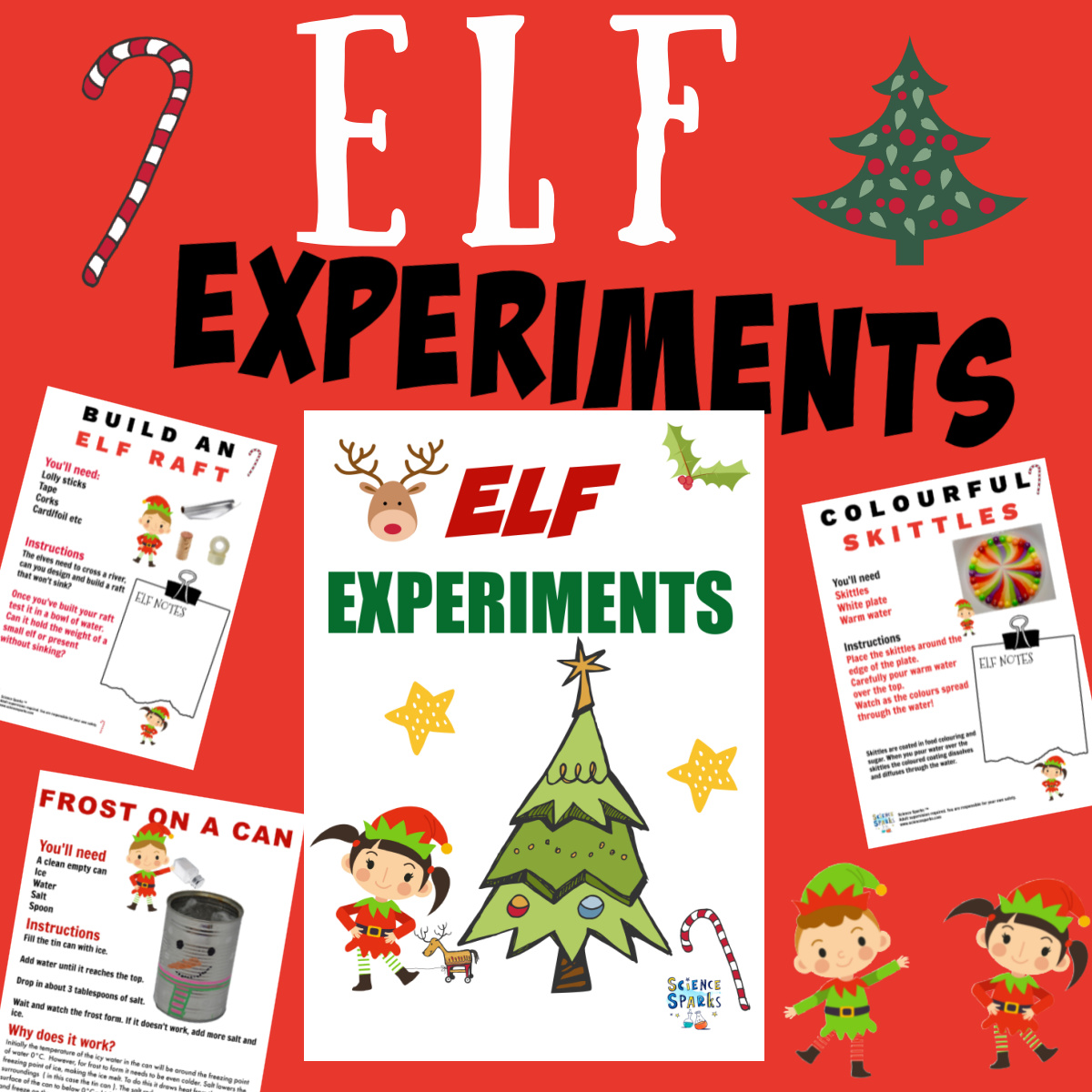 collage of a collection of free printable elf experiments for Christmas!
