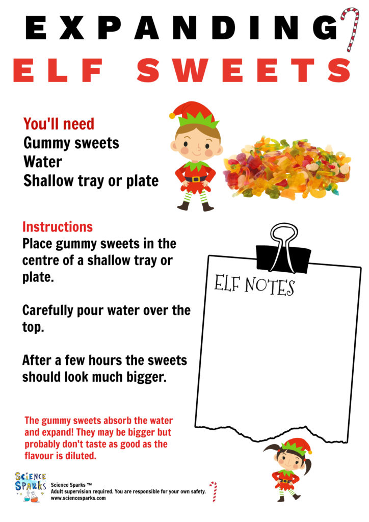 instructions for making expanding sweets as an elf themed science experiment