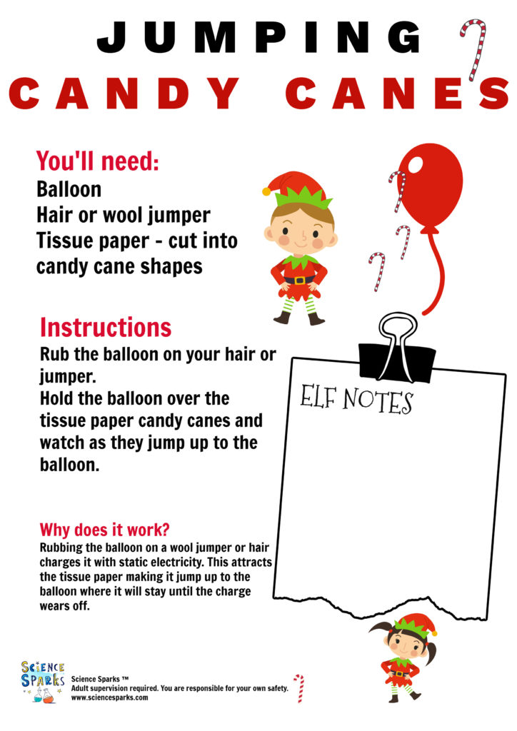 instructions for an Elf themed Jumping Candy Cane Experiment