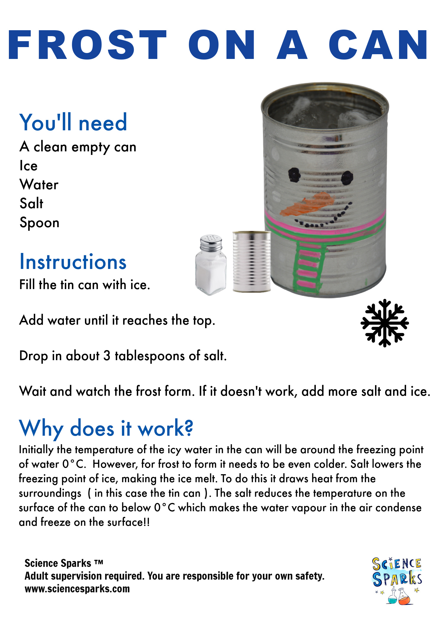 Instructions for a frost on a Can science experiment. Add ice and salt to make frost.