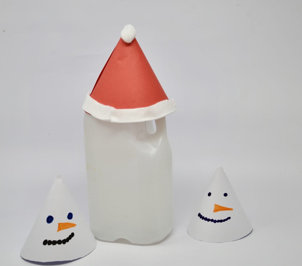 Milk container and snowmen cones for a science activity