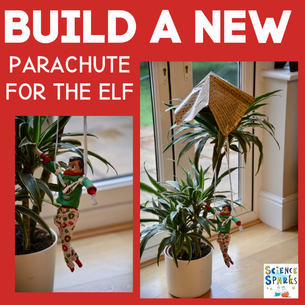 Parachute for an elf STEM challenge. Image shows a wrapping paper parachute attached to an elf stuck in a plant.