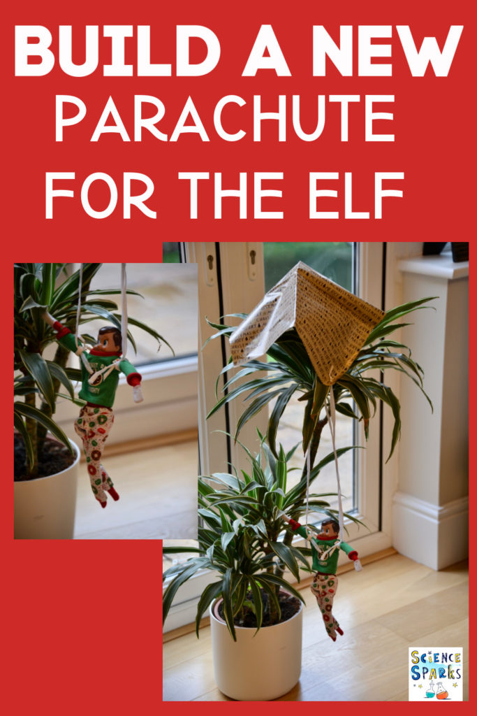 parachute for the elf STEM challenge. Fun Christmas science activity. Image shows an elf hanging from a parachute stuck in a tree