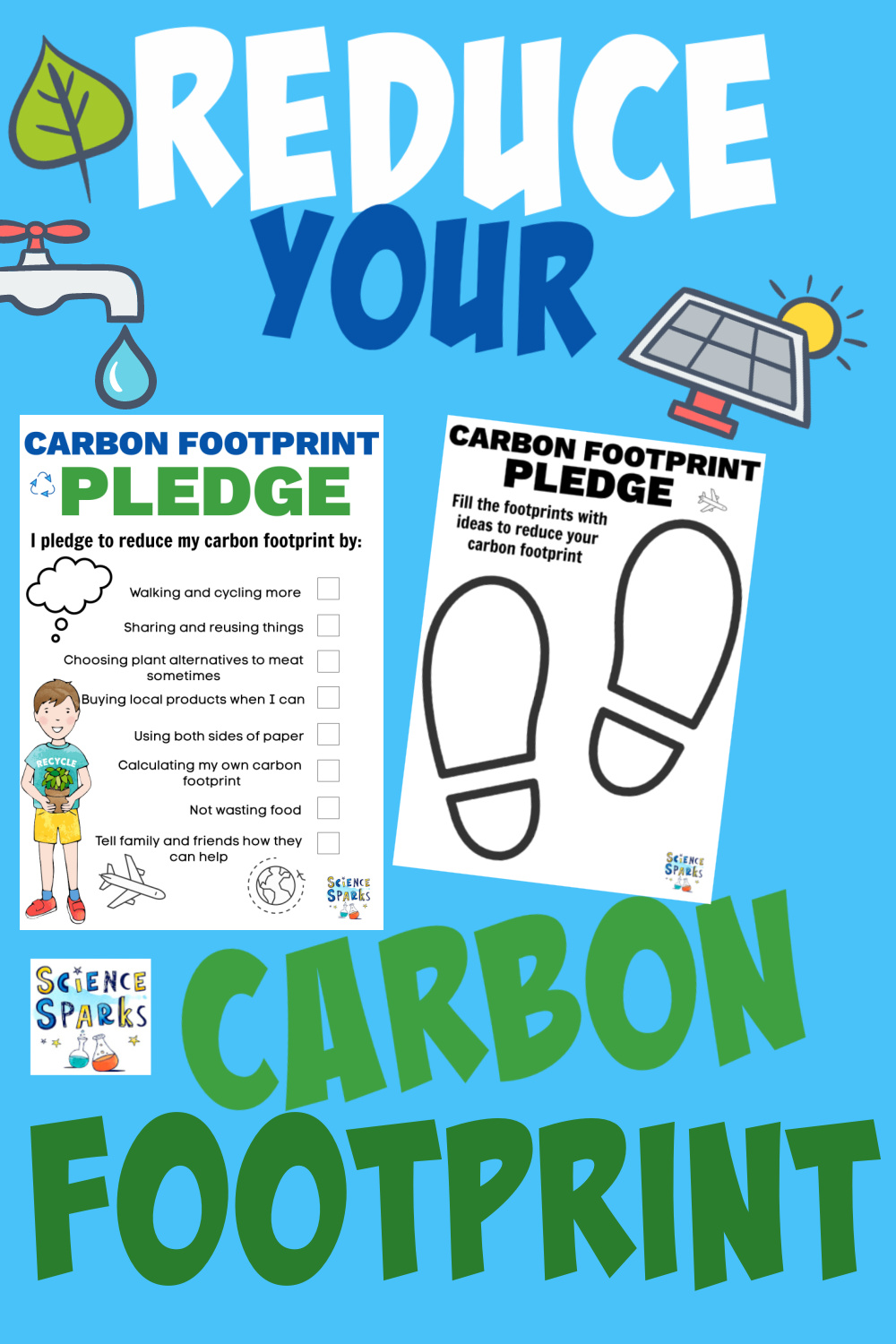 Image of worksheets for helping children think about hoe to reduce their carbon footprint.