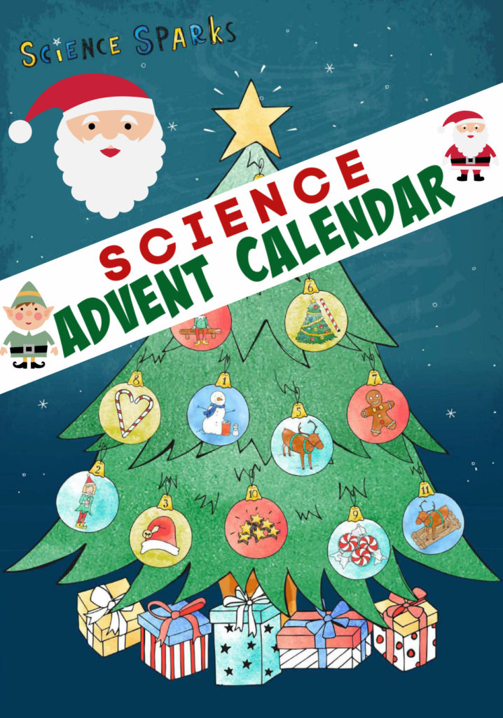 12 days of science advent calendar. Image of a tree with 12 different science experiments hidden behind baubles