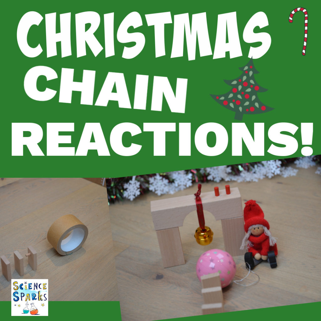 Two images of a festive chain reaction including baubles, sellotape and dominoes