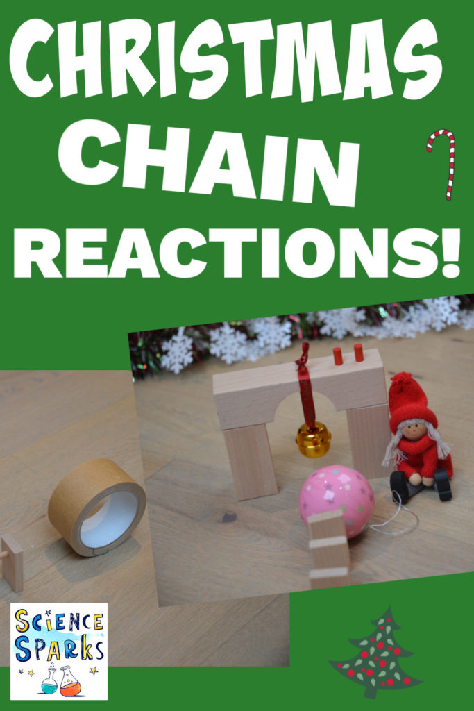 collage of the steps of a Christmas themed chain reaction