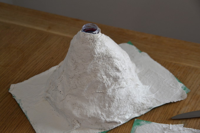 Paper mache volcano under contruction