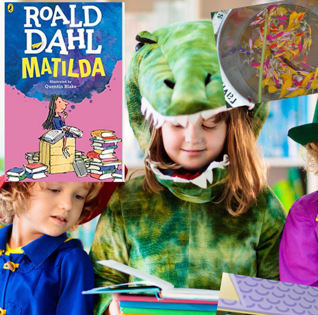 children dressed up in Roald Dahl book themed costumes