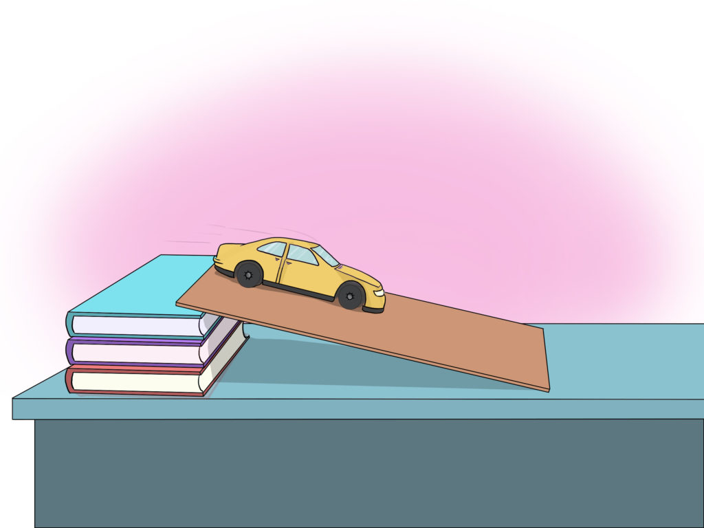 Cartoon image of three book stacked up with a ramp and toy car. Part of an activity for learning about momentum